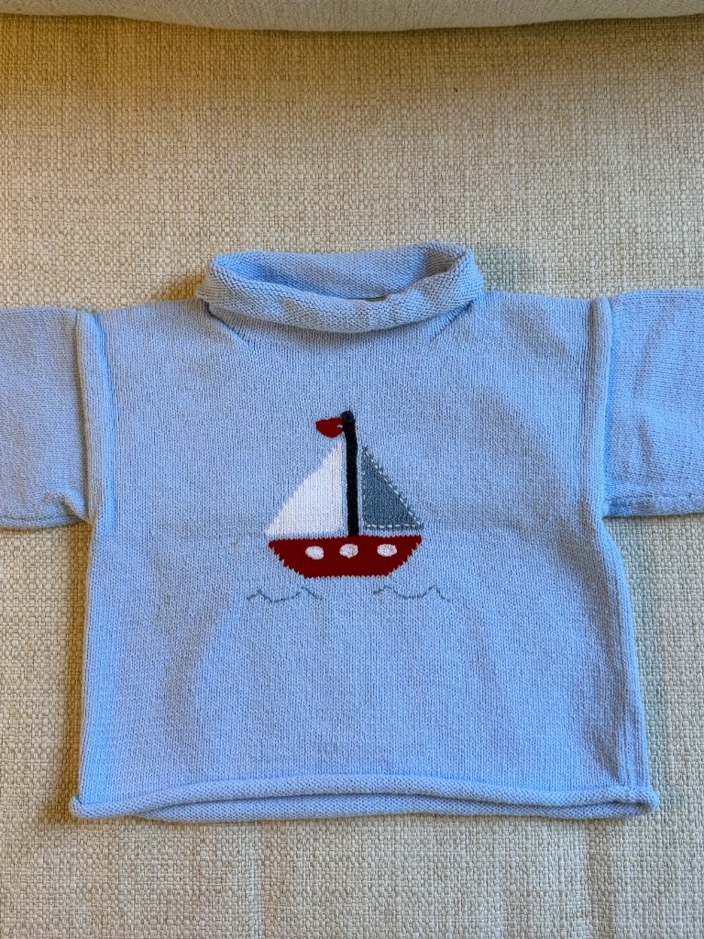 Claver Light Blue Rollneck Sweater with Sailboat Design!